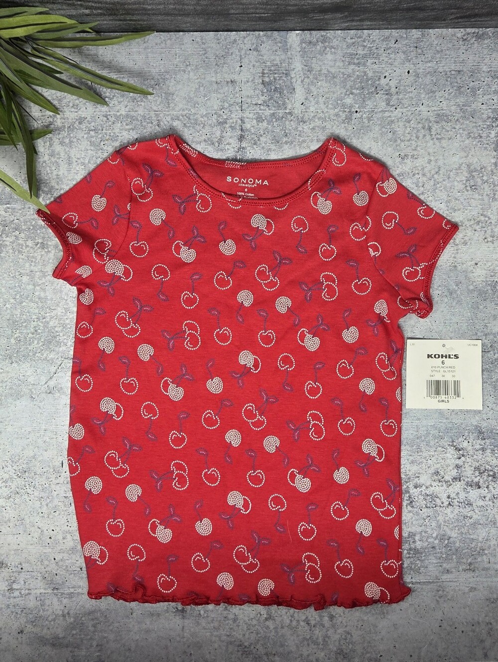 NWT Sonoma Girls Short Sleeve Cherry Print Tee Size 6 Lettuce Hem